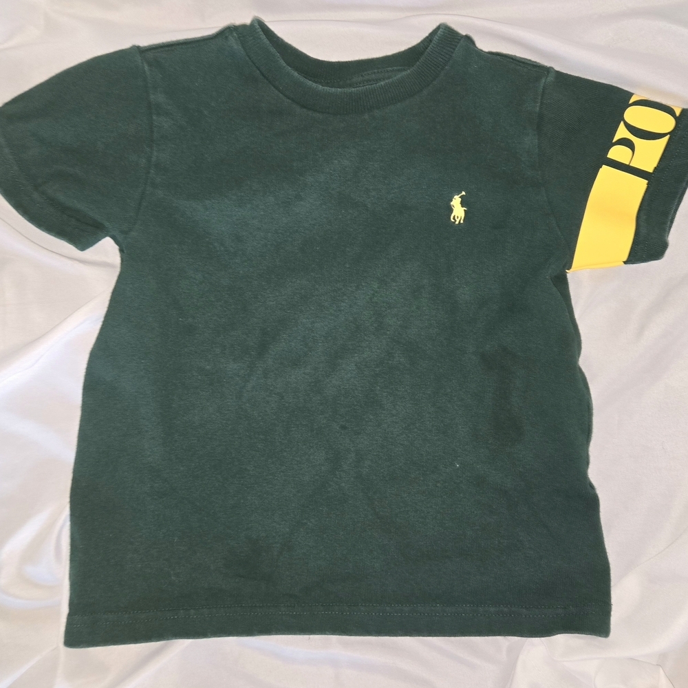 Polo by Ralph Lauren Boys Dark Green Tee with Yellow Polo On Left Sleeve Detail